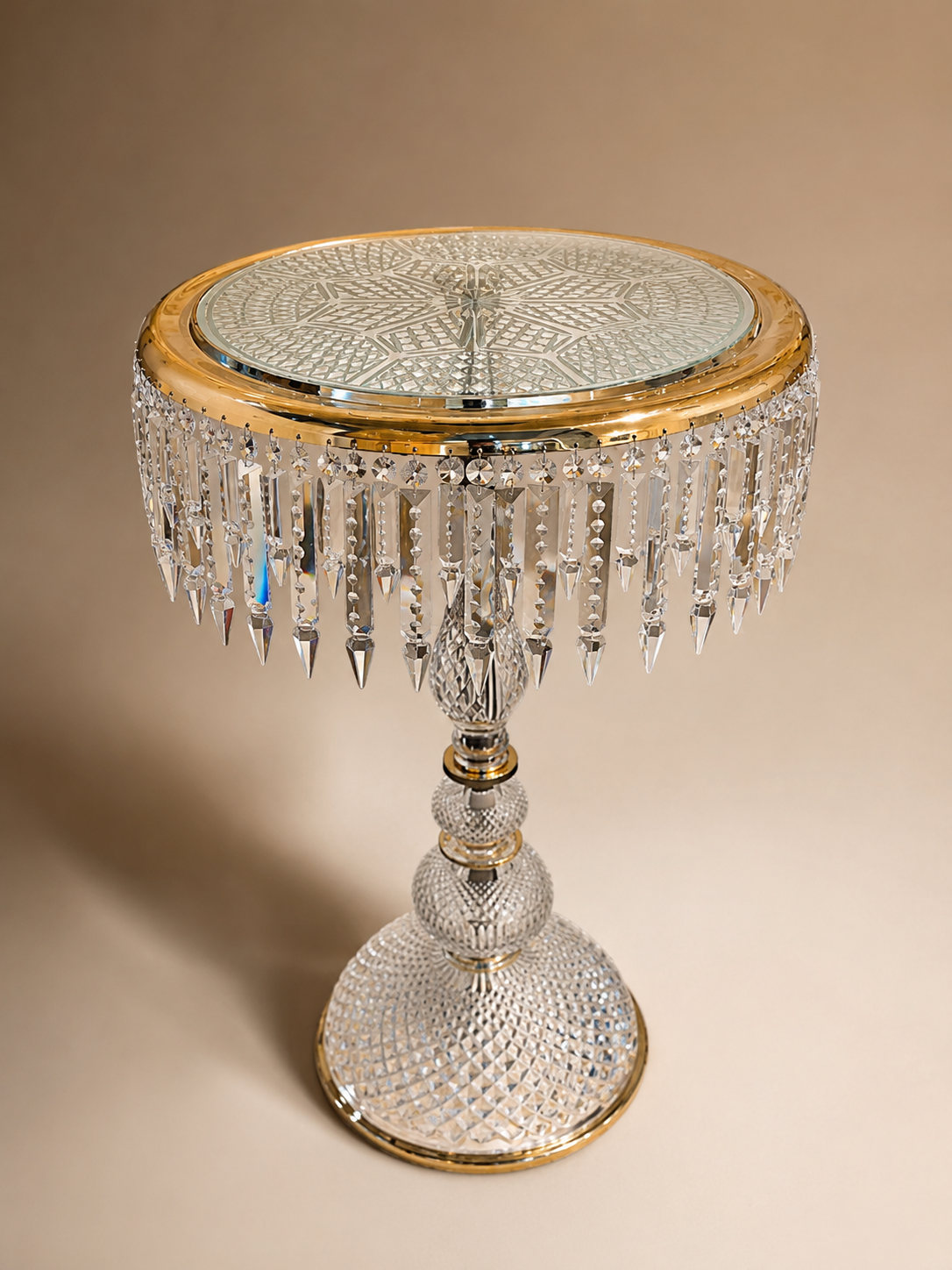 Crystal and brass pedestal side table