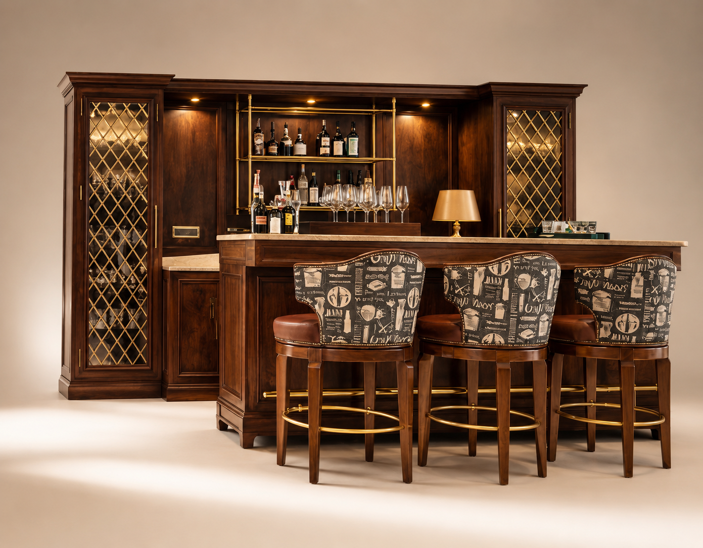 Walnut home bar with brass shelving