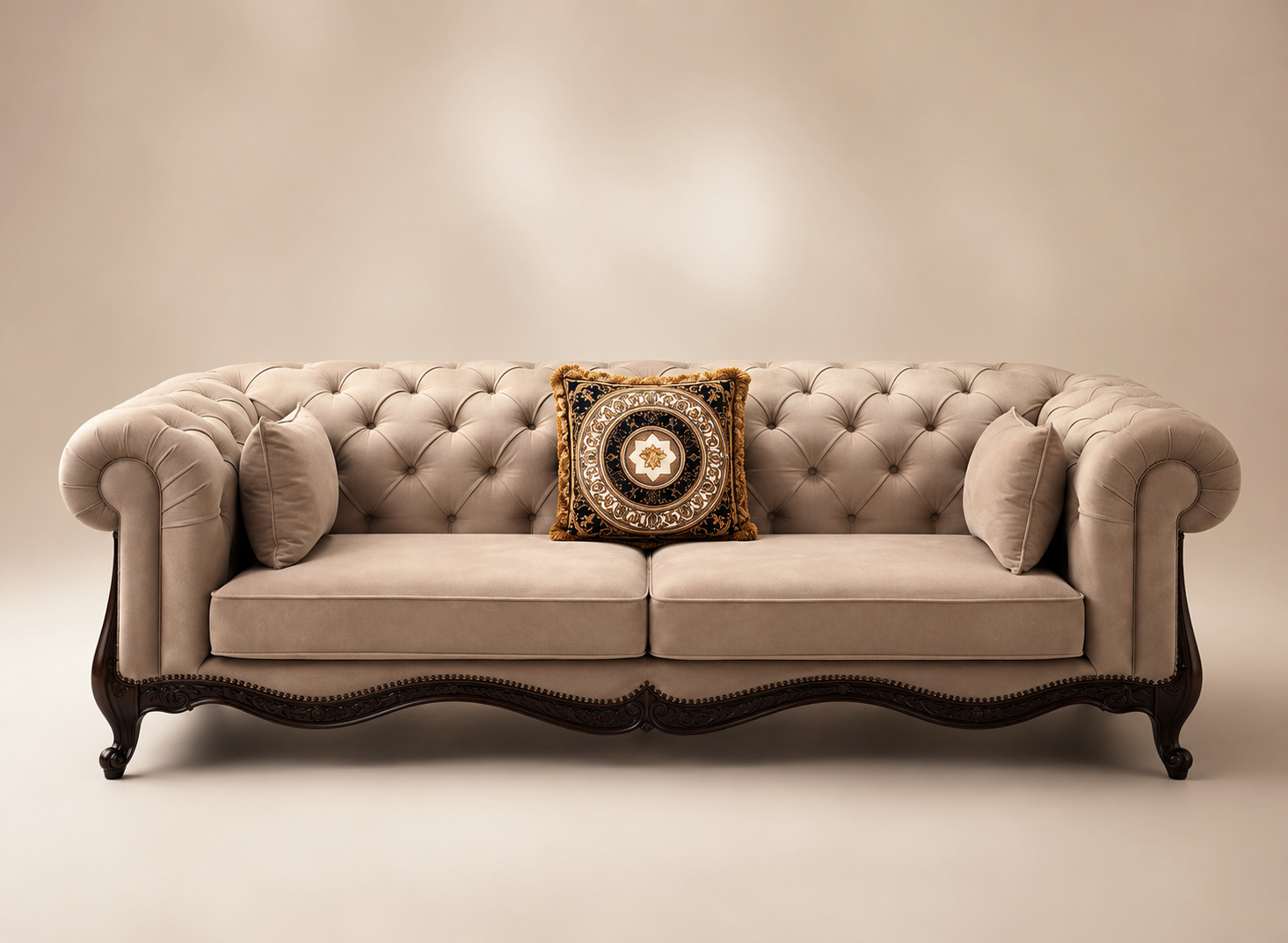 Beige tufted chesterfield with carved frame