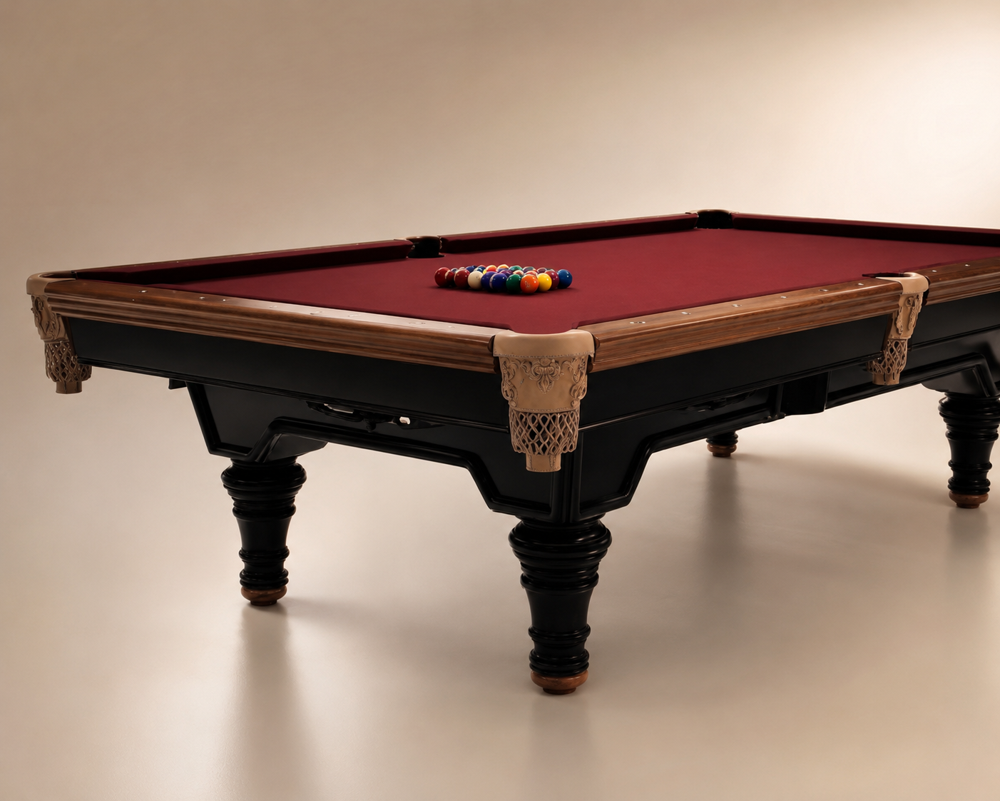 Hand-carved billiards table in oxblood and ebonised oak