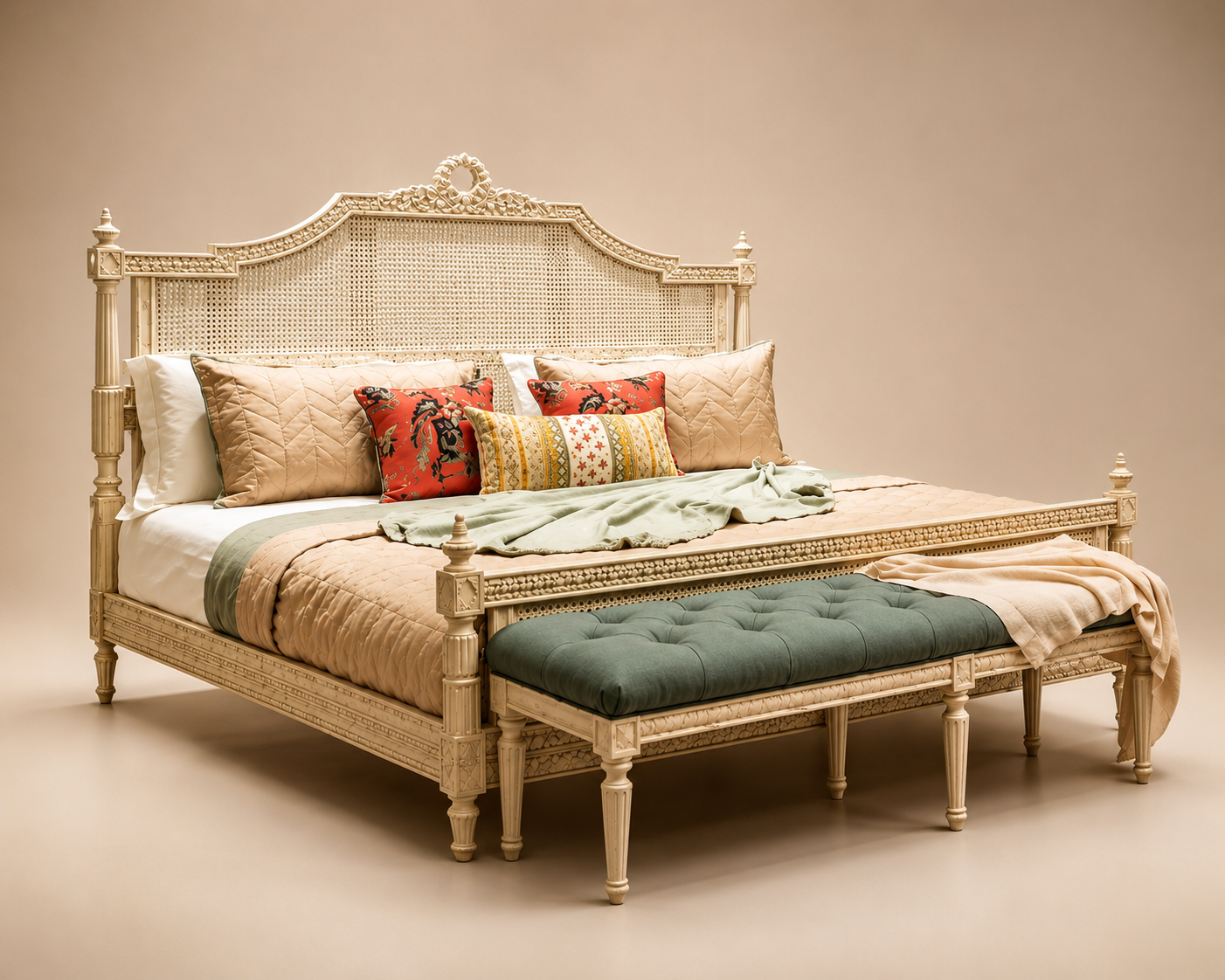 Carved cane king bed with upholstered bench