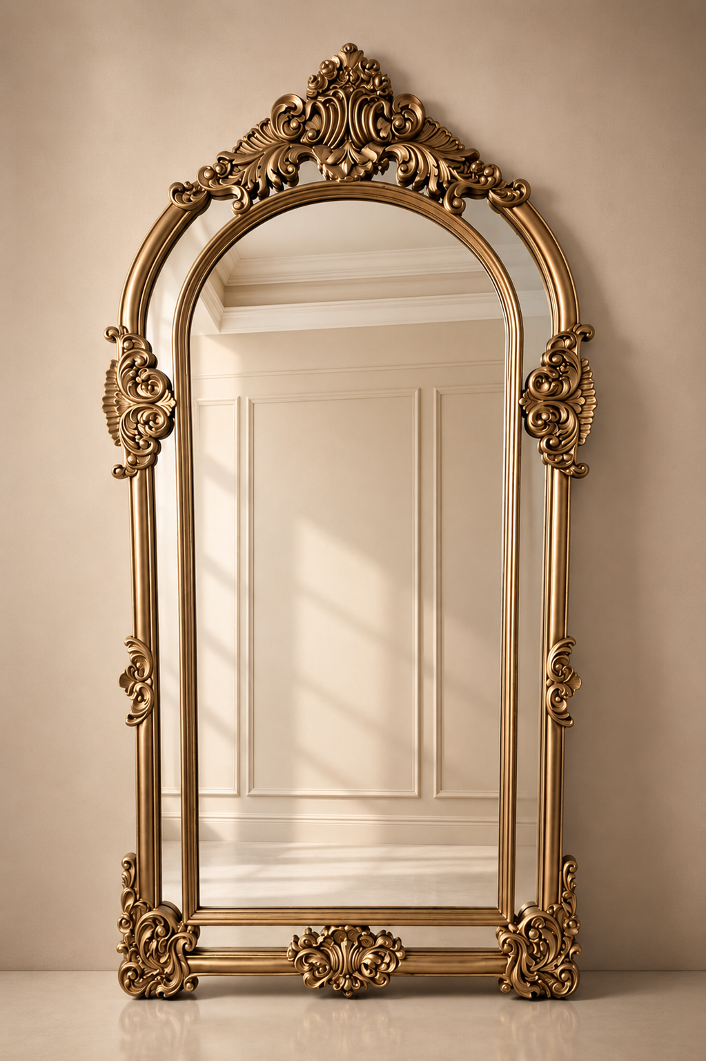 Carved gilt arched floor mirror