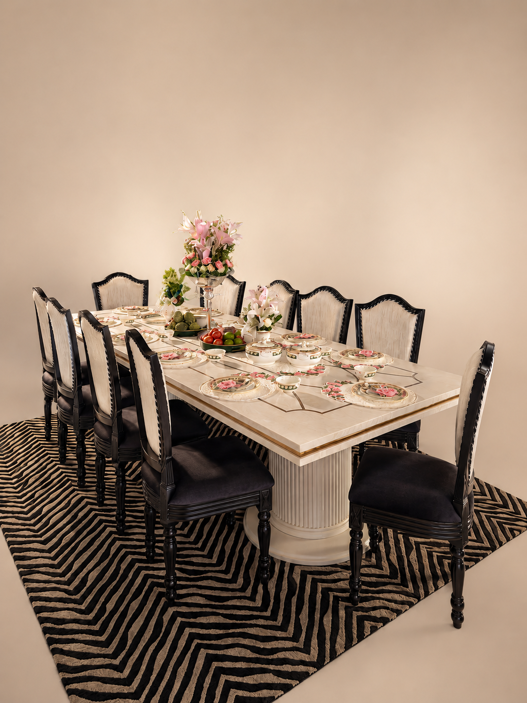 Marble dining table with carved chairs