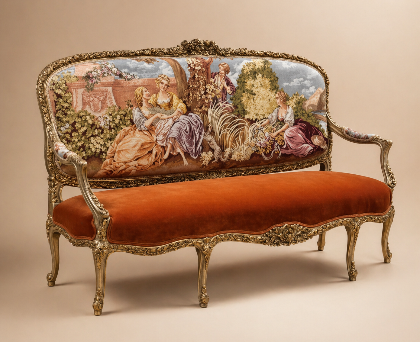 Louis XV gilt settee with tapestry back