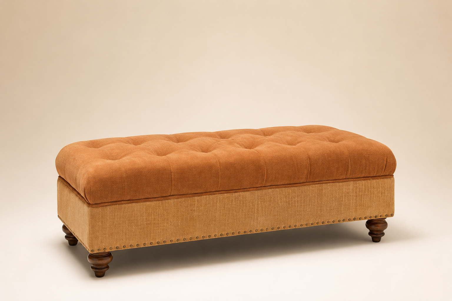 Tufted ottoman bench in amber velvet
